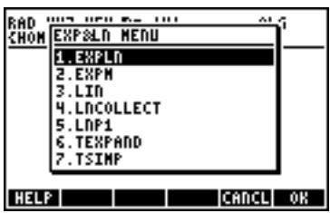 RAD CHOM EXP&LN MENU 1. EXPLN 2. EXPM 3. LIN 4. LOCOLLECT 5. LNP1 6. EXPAND 7. TSIMP HELP CANCEL OR