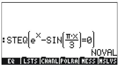 : STEQ\left(e^x - SIN\left(\frac{\pi \cdot x}{3}\right) = 0\right) NOVAL EQ | LSTS | CHANL | POLRA | MESS | NSLVS
