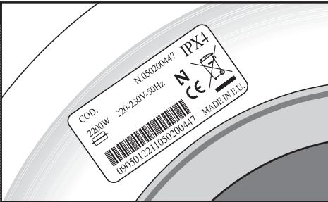 COD. 220W N:05020047 IPX4 220-230V.50Hz N CE 090501221050200447 MADE IN.E.U