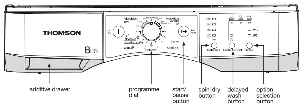 THOMSON 8KG additive drawer programme dial start/pause button spin-dry button delayed wash button option selection button