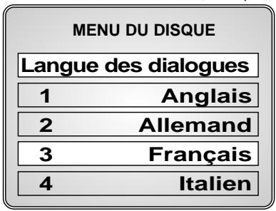 MENU DU DISQUE Langue des dialogues 1 Anglais 2 Allemand 3 Français 4 Italien