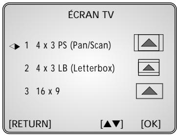 ÉCRAN TV ► 1 4 x 3 PS (Pan/Scan) 2 4 x 3 LB (Letterbox) 3 16 x 9 [RETURN] [▲▼] [OK]