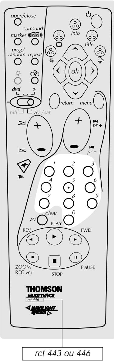 open/close surround marker (unknown) prog / random repeat dvd tv hifi vcr/sat info title ok return menu pr+ pr- 1 2 3 4 5 6 7 8 9 clear 0 av PLAY REV FWD ZOOM STOP PAUSE REC vcr STOP THOMSON MULTIVCR rct 446 #NAVLIGHT system> rct 443 ou 446