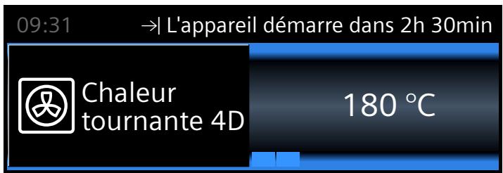 09:31 → L'appareil démarre dans 2h 30min Chaleur tournante 4D 180 °C