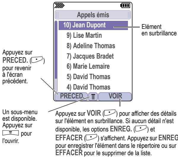 Appels émis 10) Jean Dupont 9) Lise Martin 8) Adeline Thomas 7) Jacques Bradet 6) Marie Lemaire 5) David Thomas 4) David Thomas Appuyez sur PRECED. (•) pour revenir à l'écran précédent. Un sous-menu est disponible. Appuyez sur 📞 pour l'ouvrir. Appuyez sur VOIR (•) pour afficher des détails sur l'élément en surbrillance. Si aucun détail n'est disponible, les options ENREG. (•) et EFFACER (•) s'affichent. Appuyez sur ENREG pour enregistrer l'élément dans le répertoire ou sur EFFACER pour le supprimer de la liste. PRECED. VOIR