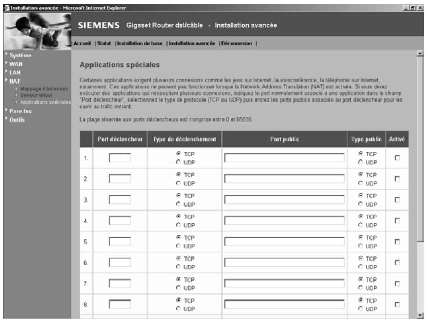 SIEMENS GIGASET ROUTER DSL & CABLE - Activation des applications spéciales - 1