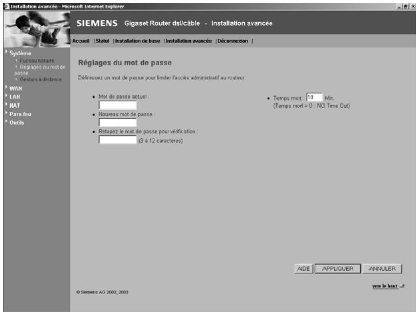 SIEMENS GIGASET ROUTER DSL & CABLE - Réglages du mot de passer - 1