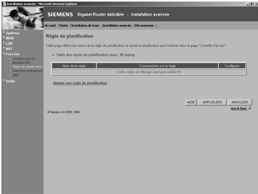 SIEMENS GIGASET ROUTER DSL & CABLE - Règle de planification - 1