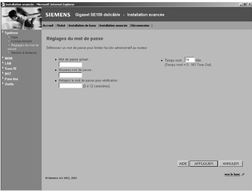 SIEMENS GIGASET SE105 DSL/CABLE - Réglages du mot de passer - 1