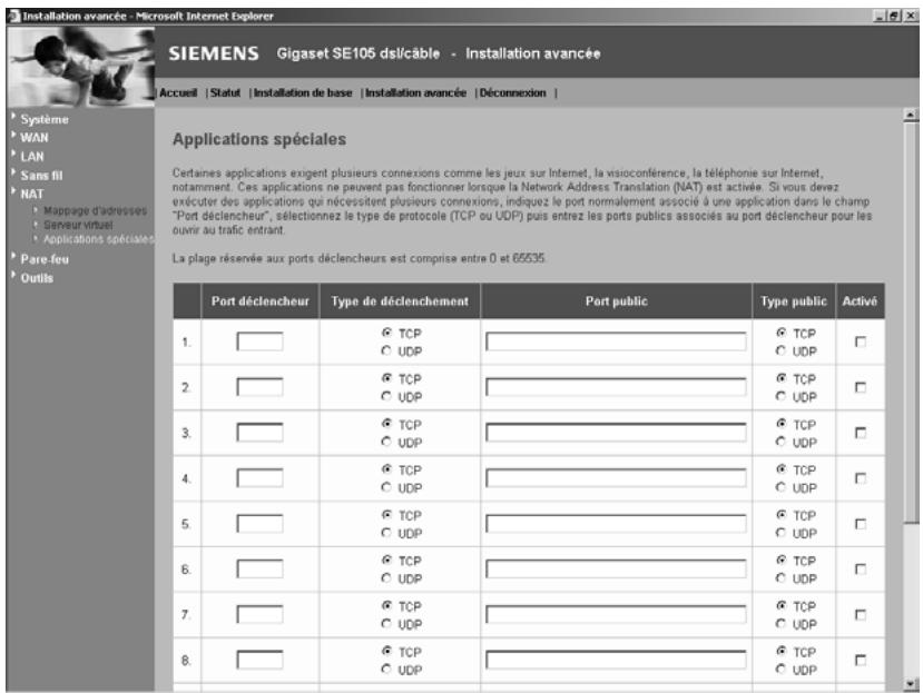 SIEMENS GIGASET SE105 DSL/CABLE - Activation des applications spéciales - 1