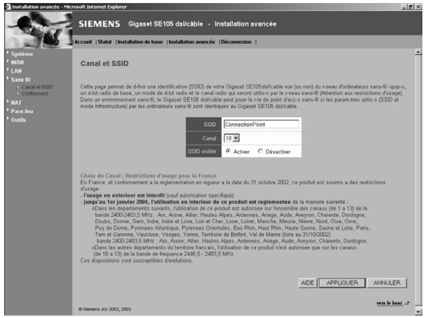 SIEMENS GIGASET SE105 DSL/CABLE - Canal et SSID - 1