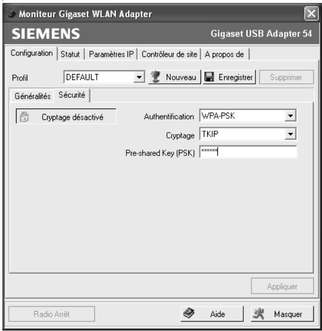 SIEMENS GIGASET SE505 DSL/CABLE - Configuration du chiffrement WPA sur le Gigaset adaptateur USB - 2