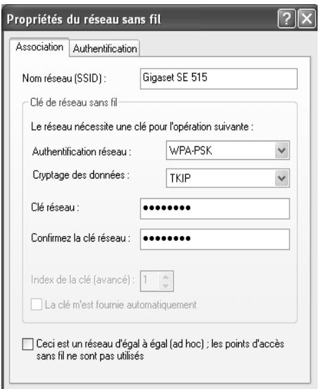 SIEMENS GIGASET SE505 DSL/CABLE - Configuration du chiffrement WPA sous Windows XP - 4