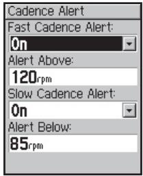 GARMIN EDGE 205 - Pour définir une alerte cadence : - 1