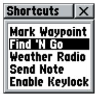 GARMIN RINO 130 - Menu Shortcuts (Raccourcis) - 1