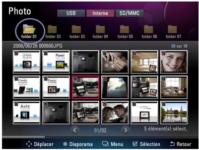 Photo USB Interne SD/MMC folder 01 folder 02 folder 03 folder 04 folder 05 folder 06 folder 07 2008/06/26 800600.JPG 08 sur 18 01/02 5 élément(s) sélect. Déplacer Diaporama Menu Sélection Retour