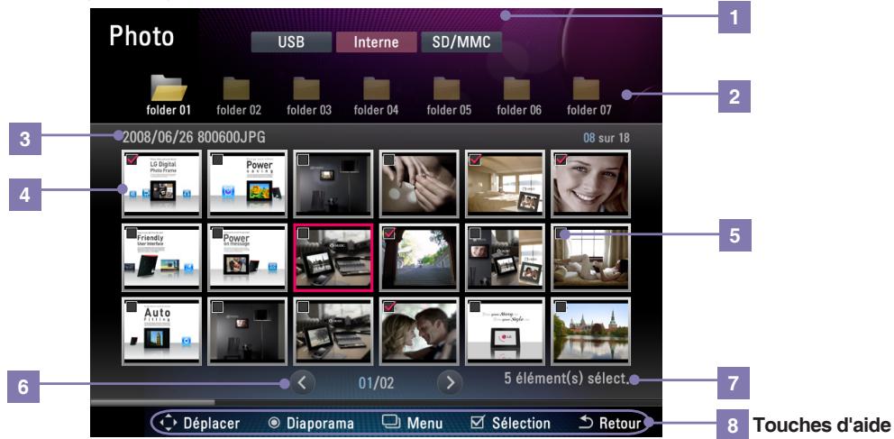 Photo USB Interne SD/MMC folder 01 folder 02 folder 03 folder 04 folder 05 folder 06 folder 07 2008/06/26 800600.JPG 08 sur 18 Lô Digital Photo Camera Power Friendly New Image Power Auto Déplacer Diaporama Menu Sélection Retour 5 élément(s) sélect. 1 2 3 4 5 6 7 8 Touches d'aide