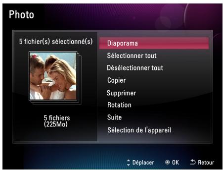 Photo 5 fichier(s) sélectionné(s) Diaporama Sélectionner tout Désélectionner tout Copier Supprimer Rotation Suite Sélection de l'appareil 5 fichiers (225Mo) Déplacer OK Retour