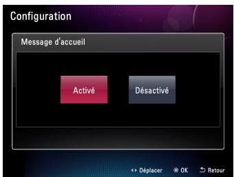 Configuration Message d'accueil Activé Désactivé Déplacer OK Retour