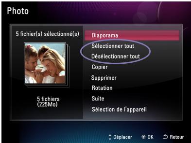 Photo 5 fichier(s) sélectionné(s) Diaporama Sélectionner tout Désélectionner tout Copier Supprimer Rotation Suite Sélection de l'appareil 5 fichiers (225Mo) Déplacer OK Retour