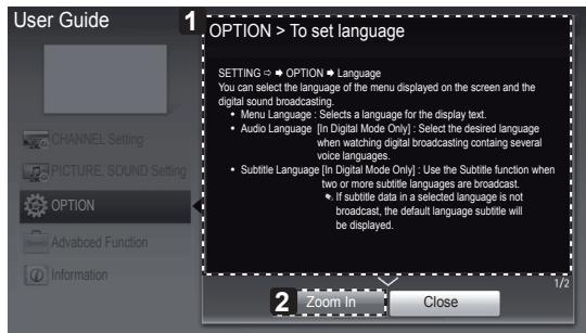 User Guide OPTION > To set language SETTING ⬆ OPTION ⬆ Language You can select the language of the menu displayed on the screen and the digital sound broadcasting. • Menu Language: Selects a language for the display text. • Audio Language [In Digital Mode Only]: Select the desired language when watc…