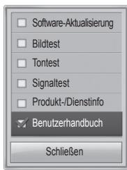 Software-Aktualisierung, Bildtest, Tontest, Signaltest, Produkt-/Dienstinfo, Benutzerhandbuch, Schließen