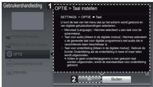 Gebruikershandleiding 1 OPTIE > Taal instellen SETTINGS ⇔ OPTIE ➕ Taal U kunt de taal van het menu dat op het scherm wordt getoond en van digitale geluidsuitzendingen selecteren. • Menutaal (Language) : Hiermee selecteert u een taal voor de schermtekst. • Taal voor audio [Alleen in de digitale modus…