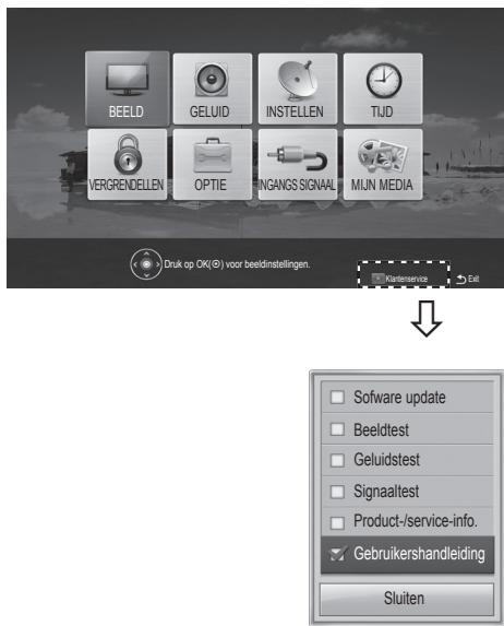 BEELD GELUID INSTELLEN TIJD VERGRENDELLEN OPTIE INGANGS SIGNAAL MUN MEDIA Druk op OK(©) voor beeldinstellingen. Klantenservice Edit Software update Beeldtest Geluidstest Signaaltest Product-/service-info. Gebruikershandleiding Sluiten