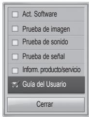 Actualizar software Prueba de imagen Prueba de sonido Prueba de señal Información de producto/servicio Guía del Usuario Cerrar