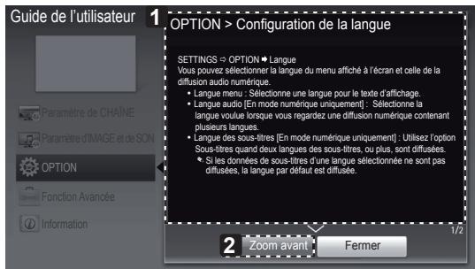 Guide de l'utilisateur 1 OPTION > Configuration de la langue SETTINGS ⇒ OPTION ► Langue Vous pouvez sélectionner la langue du menu affiché à l'écran et celle de la diffusion audio numérique. ► Langue menu : Sélectionne une langue pour le texte d'affichage. ► Langue audio [En mode numérique uniquemen…