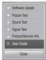Software Update Picture Test Sound Test Signal Test Product/Service Info. User Guide Close