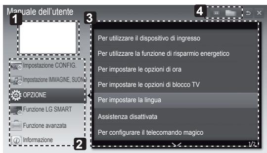 Manuale dell'utente 1 Impostazione CONFIG. Impostazione IMMAGINE, SUO OPZIONE Funzione LG SMART Funzione avanzata Informazione 2 Per utilizzare il dispositivo di ingresso Per utilizzare la funzione di risparmio energetico Per impostare le opzioni di ora Per impostare le opzioni di blocco TV Per impostare la lingua Assistenza disattivata Per configurare il telecomando magico 3 4 1/2
