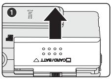 NIKON COOLPIX S2 - Ouvrez le volet du logement pour carte mémoire ou pour accumulateur. Faites glisser le volet dans la direction indiquée en (1) jusqu'à ce qu'il s'ouvre (2). - 1