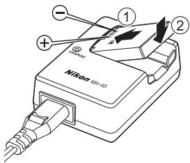 NIKON COOLPIX AW100 - Introduisez l'accumulateur dans le chargeur en le faisant glisser vers l'avant (①) et en appuyant jusqu'à ce qu'il se verrouille en émettant en déclic (②). - 1