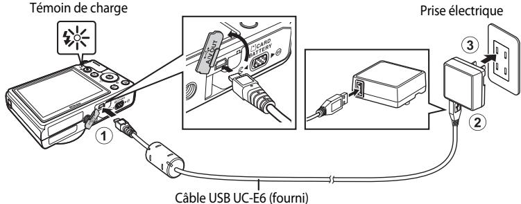 NIKON COOLPIX P310 - Vérifiez que l'accumulateur est inséré dans l'appareil photo, puis connectez l'appareil photo à l'adaptateur de charge dans l'ordre ① à ③. - 1