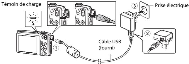 NIKON COOLPIX S3500 - Vérifiez que l'accumulateur est inséré dans l'appareil photo, puis connectez ce dernier à l'adaptateur de charge en suivant l'ordre de ① à ③. - 1