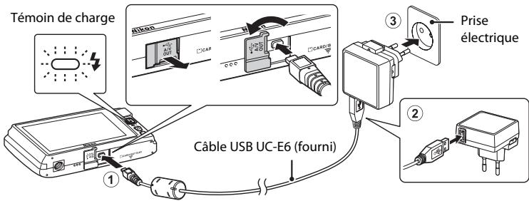 NIKON COOLPIX S4200, COOLPIX S4400, COOLPIX S4300 - Vérifie que l'accumulateur est inséré dans l'appareil photo, puis connectez ce dernier à l'adaptateur de charge en suivant l'ordre de ① à ③. - 1