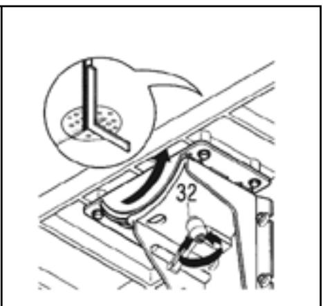 Technical diagram showing mechanical assembly with labeled component '32' and magnified detail view