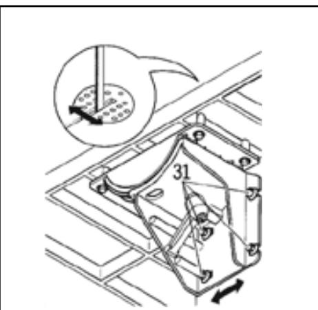 Technical diagram showing mechanical assembly with labeled components and a magnified inset of a circular component.
