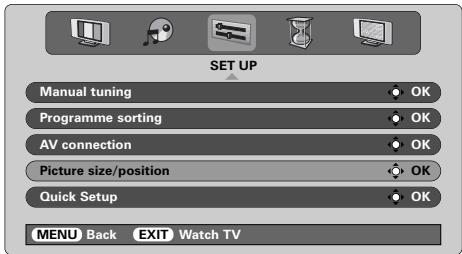 SET UP Manual tuning Programme sorting AV connection Picture size/position Quick Setup MENU Back EXIT Watch TV