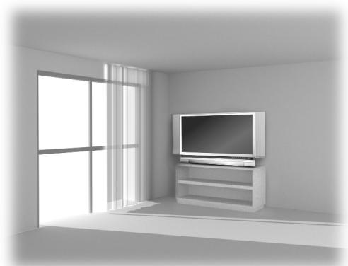 Interior view of a minimalist room with a large window and a flat-screen TV on a shelf (no text or symbols visible)