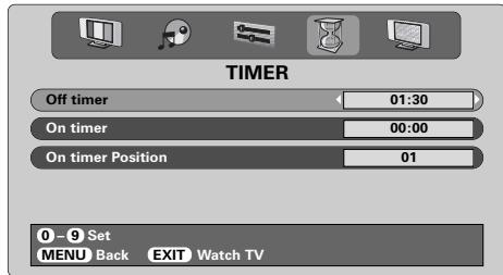 TIMER Off timer 01:30 On timer 00:00 On timer Position 01 0-9 Set MENU Back EXIT Watch TV