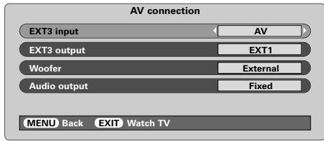 AV connection EXT3 input AV EXT3 output EXT1 Woofer External Audio output Fixed MENU Back EXIT Watch TV