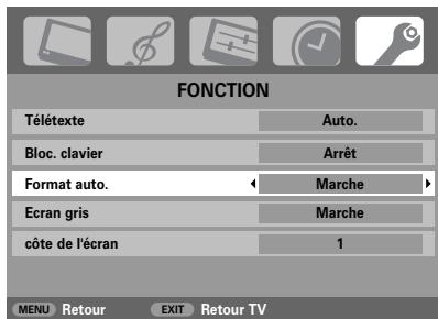 FONCTION Télétexte Auto. Bloc. clavier Arrêt Format auto. Marche Ecran gris Marche côte de l'écran 1 MENU Retour EXIT Retour TV