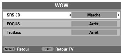 WOW SRS 3D ← Marche > FOCUS Arrêt TruBass Arrêt MENU Retour EXIT Retour TV