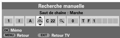 Recherche manuelle Saut de chaîne : Marche 1 I A C 22 0 T F 1 OK Mémo MENU Retour EXIT Retour TV