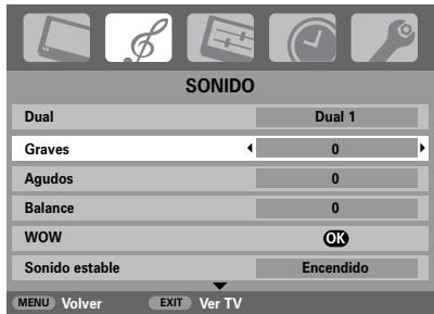 SONIDO Dual Dual 1 Graves 0 Agudos 0 Balance 0 WOW OK Sonido estable Encendido MENU Volver EXIT Ver TV