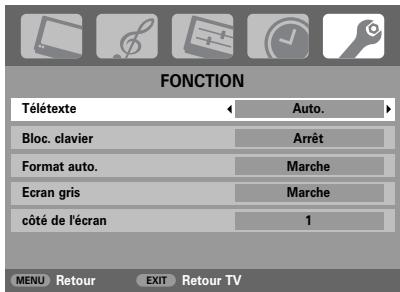 FONCTION Télétexte Auto. Bloc. clavier Arrêt Format auto. Marche Ecran gris Marche côté de l'écran 1 MENU Retour EXIT Retour TV