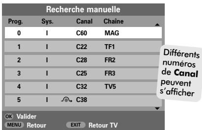 Recherche manuelle Prog. Sys. Canal Chaîne 0 I C60 MAG 1 I C22 TF1 2 I C28 FR2 3 I C25 FR3 4 I C32 TV5 5 I C38 OK Valider MENU Retour EXIT Retour TV Differences numéros de Canal peuvent s'afficher
