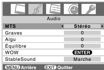 Audio MTS Stéréo Graves 0 Aigu 0 Équilibre 0 WOW ENTER StableSound Marche MENU Arrière EXIT Quitter